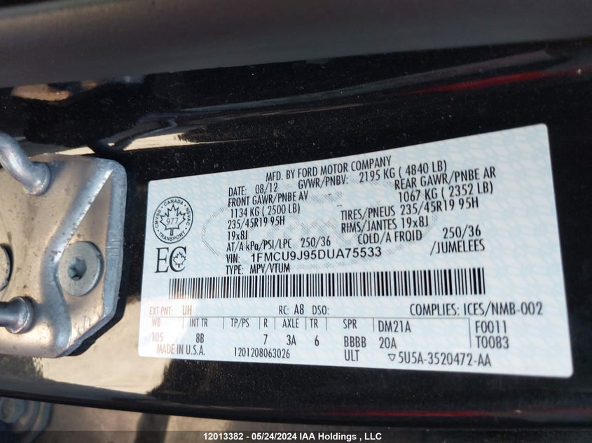 2013 Ford Escape Titanium VIN: 1FMCU9J95DUA75533 Lot: 12013382