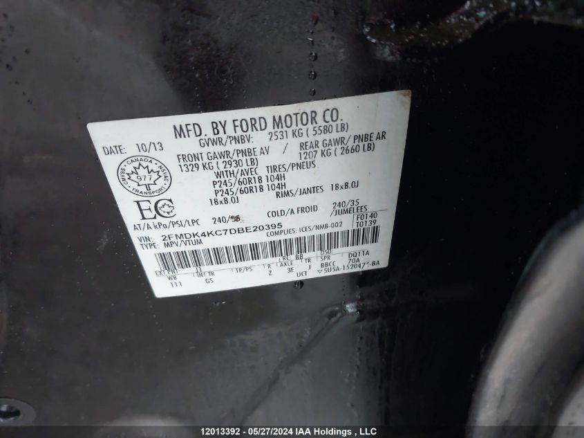 2013 Ford Edge Limited VIN: 2FMDK4KC7DBE20395 Lot: 12013392