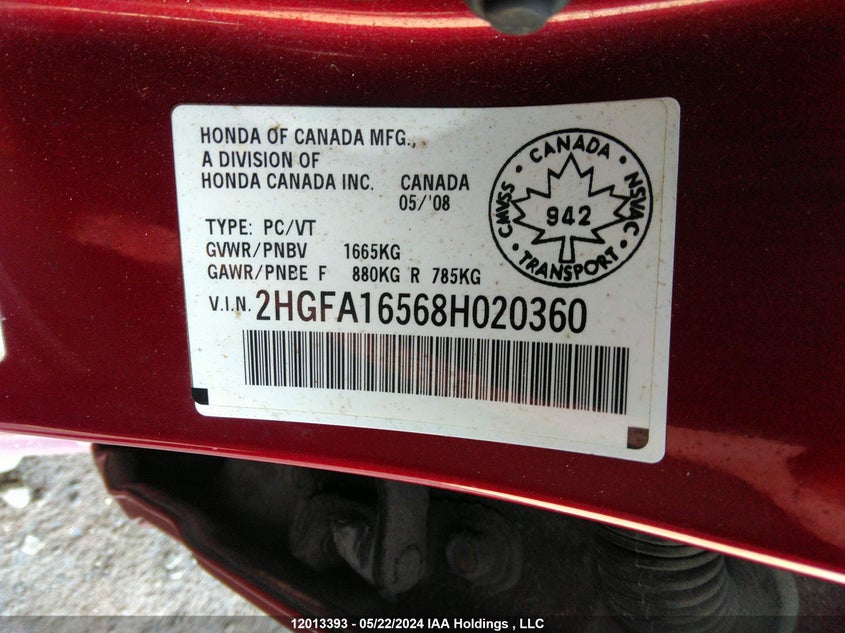 2008 Honda Civic Lx VIN: 2HGFA16568H020360 Lot: 12013393