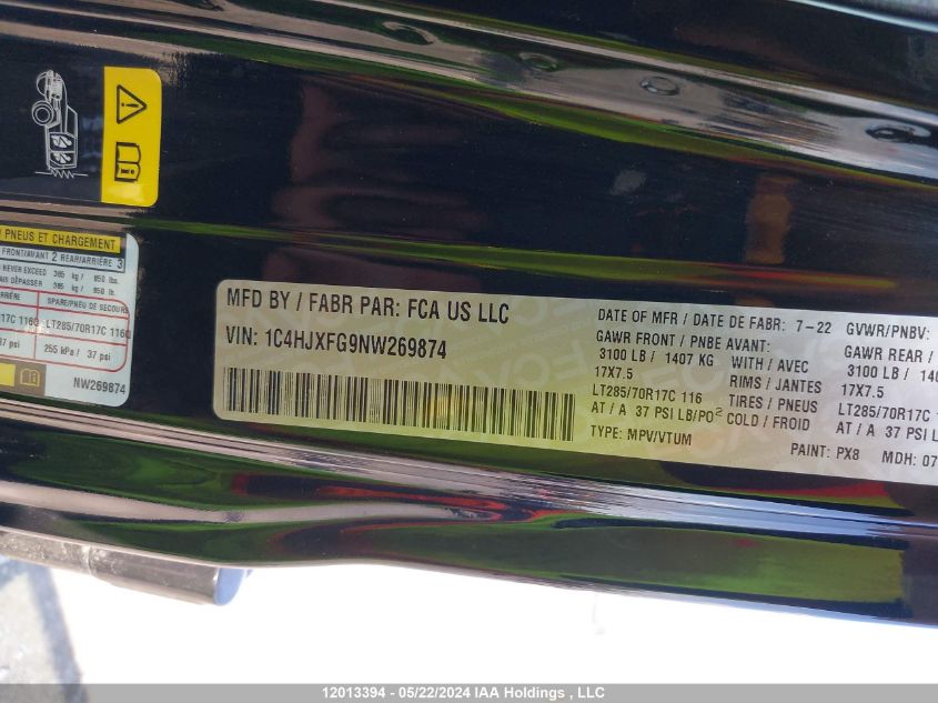 2022 Jeep Wrangler Unlimited Rubicon VIN: 1C4HJXFG9NW269874 Lot: 12013394