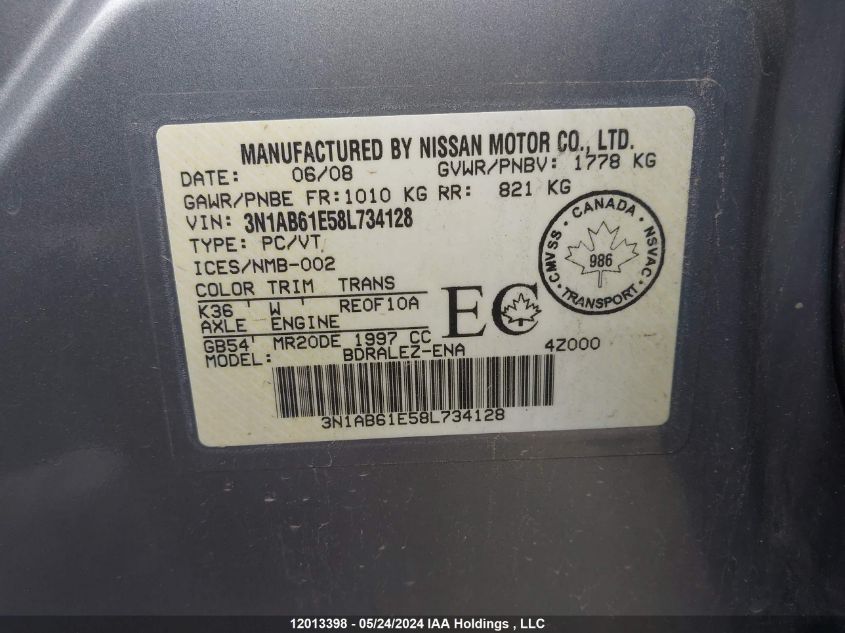 2008 Nissan Sentra 2.0/2.0S/2.0Sl VIN: 3N1AB61E58L734128 Lot: 12013398