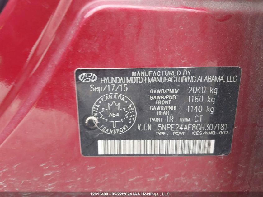 2016 Hyundai Sonata Se VIN: 5NPE24AF8GH307181 Lot: 12013408