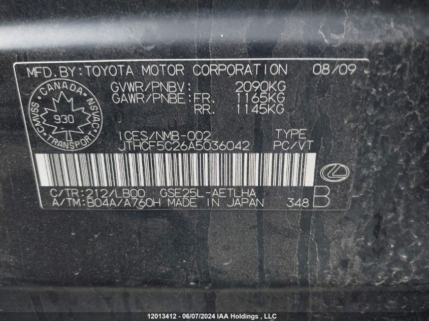 2010 Lexus Is 250 VIN: JTHCF5C26A5036042 Lot: 12013412
