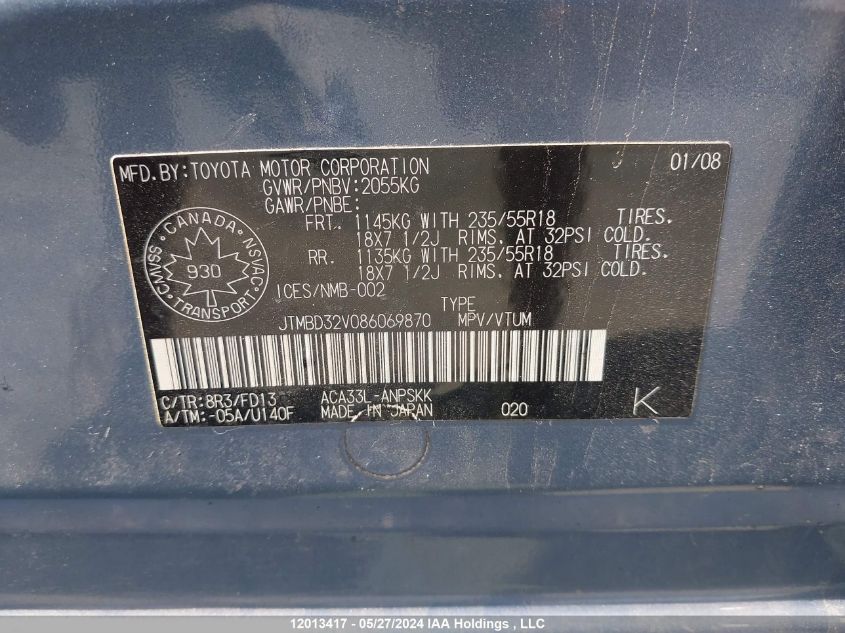 2008 Toyota Rav4 Sport VIN: JTMBD32V086069870 Lot: 12013417