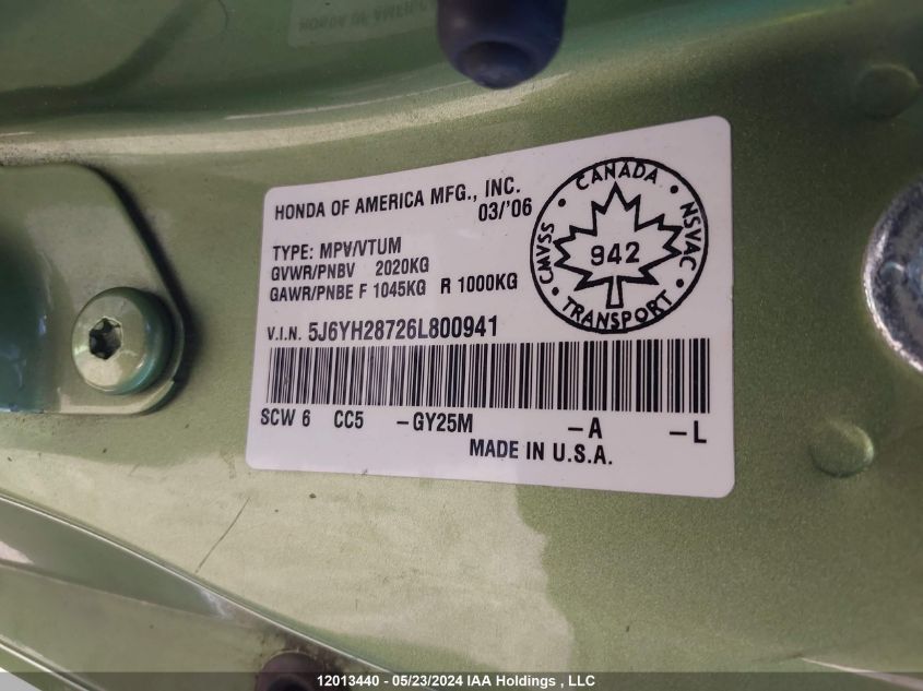 2006 Honda Element VIN: 5J6YH28726L800941 Lot: 12013440