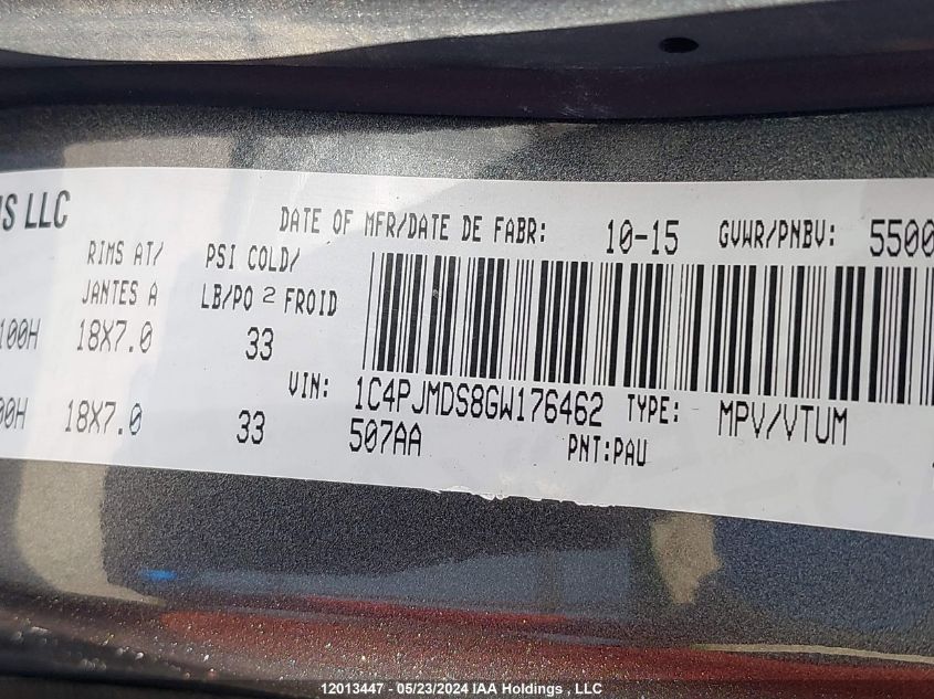 2016 Jeep Cherokee Limited VIN: 1C4PJMDS8GW176462 Lot: 12013447