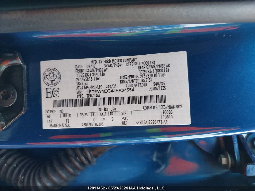 2018 Ford F150 Supercrew VIN: 1FTEW1EG4JFA34554 Lot: 12013452
