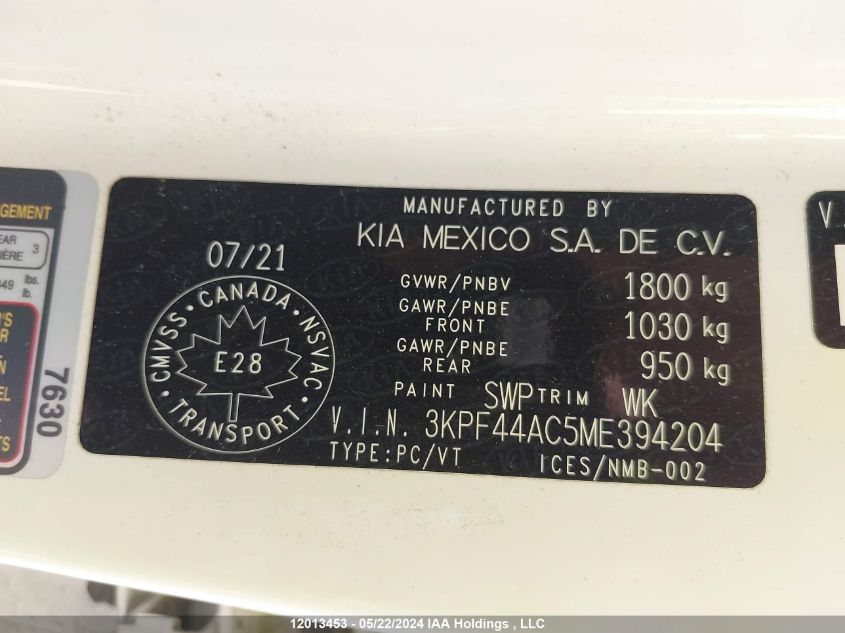 2021 Kia Forte VIN: 3KPF44AC5ME394204 Lot: 12013453