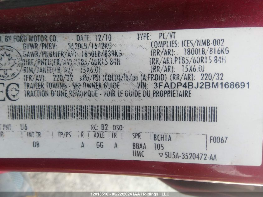 2011 Ford Fiesta VIN: 3FADP4BJ2BM168691 Lot: 12013516