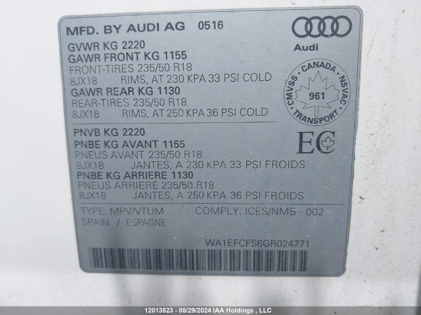 2016 Audi Q3 VIN: WA1EFCFS6GR024771 Lot: 12013523