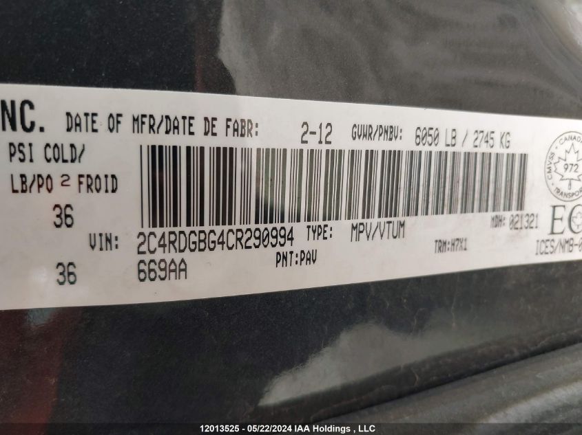 2012 Dodge Grand Caravan Se/Sxt VIN: 2C4RDGBG4CR290994 Lot: 12013525