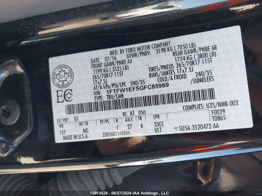 2016 Ford F-150 Xlt VIN: 1FTFW1EF5GFC85989 Lot: 12013528