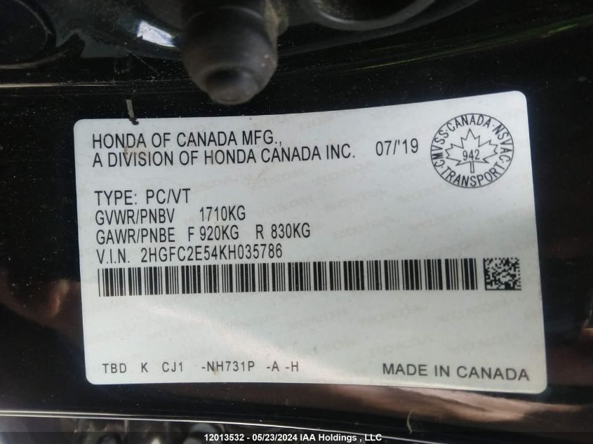 2019 Honda Civic Sedan VIN: 2HGFC2E54KH035786 Lot: 12013532