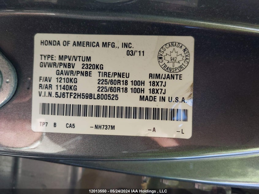 2011 Honda Accord Crosstour VIN: 5J6TF2H59BL800525 Lot: 12013550