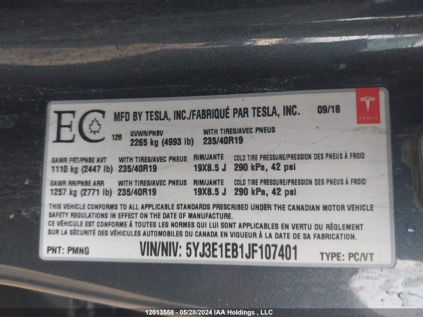 2018 Tesla Model 3 Long Range/Performance VIN: 5YJ3E1EB1JF107401 Lot: 12013558