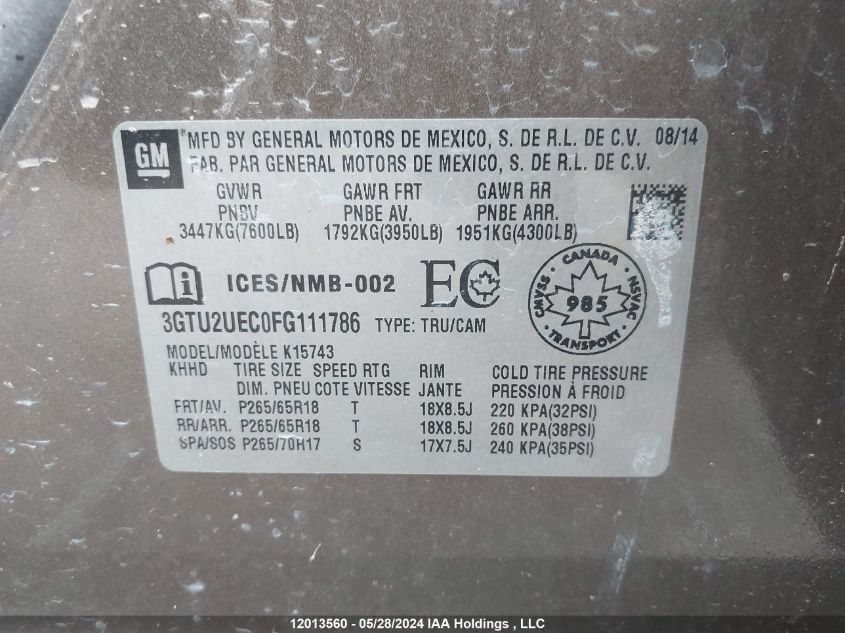 2015 GMC Sierra 1500 VIN: 3GTU2UEC0FG111786 Lot: 12013560