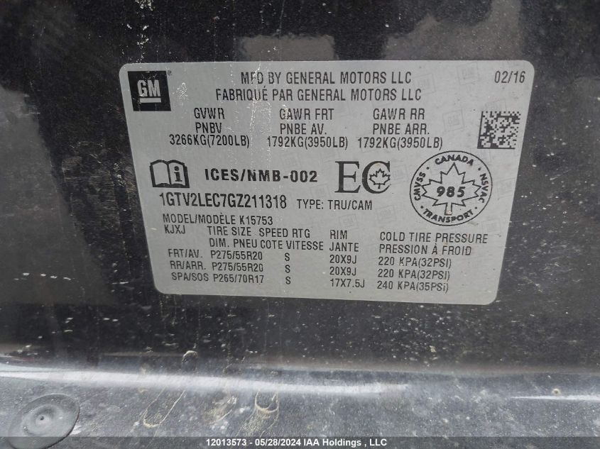 2016 GMC Sierra 1500 VIN: 1GTV2LEC7GZ211318 Lot: 12013573