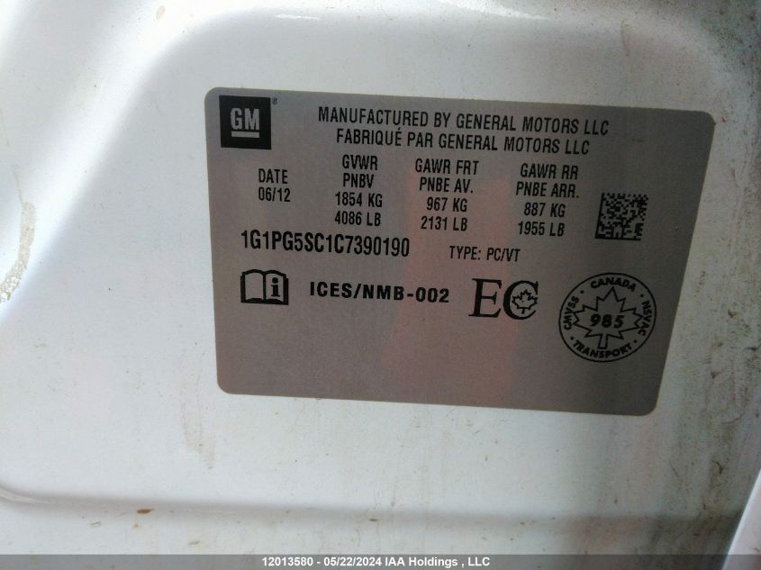 2012 Chevrolet Cruze VIN: 1G1PG5SC1C7390190 Lot: 12013580