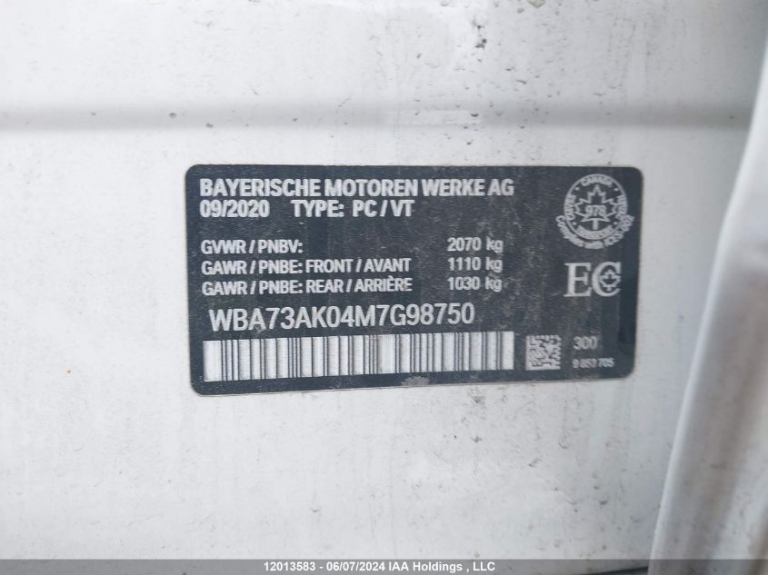 2021 BMW 2 Series VIN: WBA73AK04M7G98750 Lot: 12013583