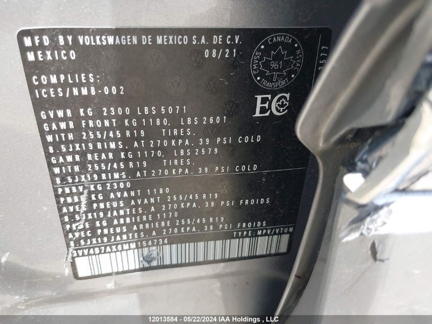 2021 Volkswagen Tiguan VIN: 3VV4B7AX6MM154734 Lot: 12013584