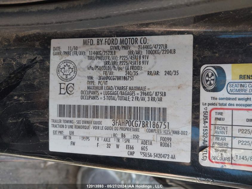 2011 Ford Fusion Sel VIN: 3FAHP0CG7BR186751 Lot: 12013593