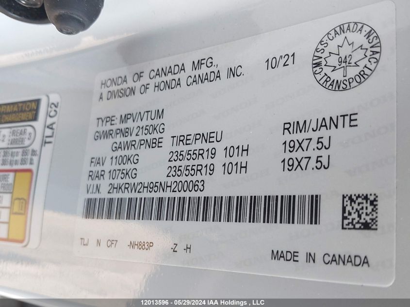 2022 Honda Cr-V VIN: 2HKRW2H95NH200063 Lot: 12013596