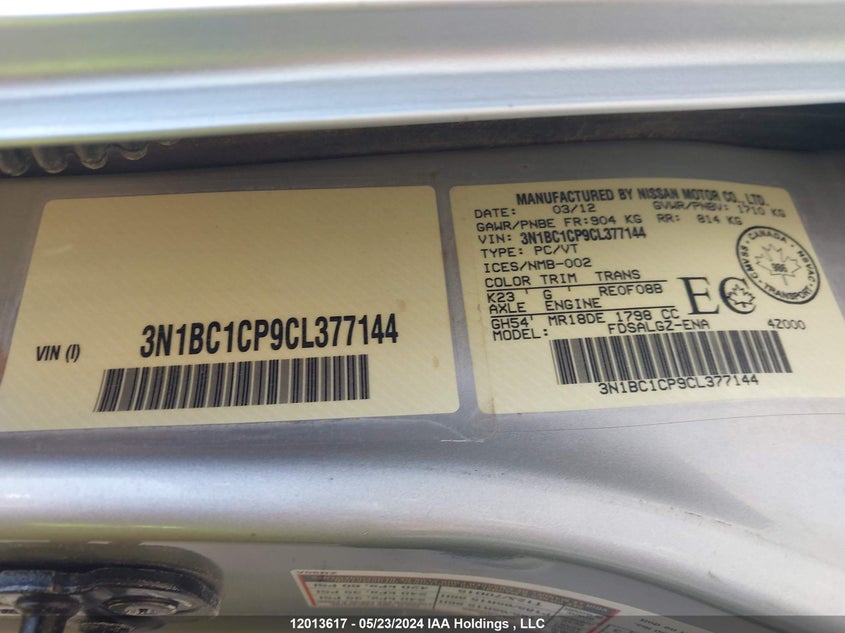 2012 Nissan Versa Sl VIN: 3N1BC1CP9CL377144 Lot: 12013617