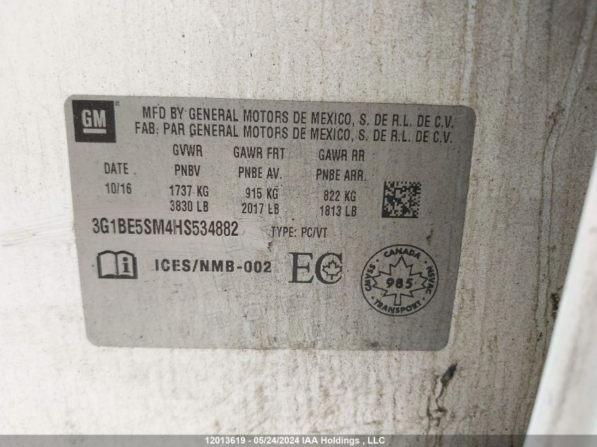 2017 Chevrolet Cruze VIN: 3G1BE5SM4HS534882 Lot: 12013619