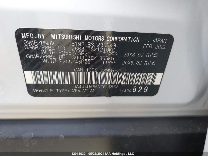 2022 Mitsubishi Outlander VIN: JA4J4UA85NZ616553 Lot: 12013630