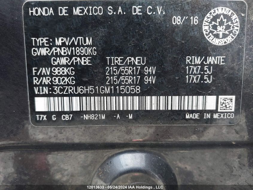 2016 Honda Hr-V VIN: 3CZRU6H51GM115058 Lot: 12013633