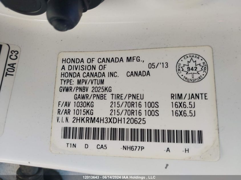 2013 Honda Cr-V VIN: 2HKRM4H3XDH120625 Lot: 12013643