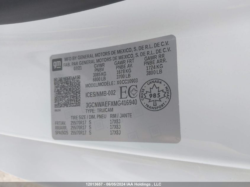 2021 Chevrolet Silverado 1500 VIN: 3GCNWAEFXMG416940 Lot: 12013657