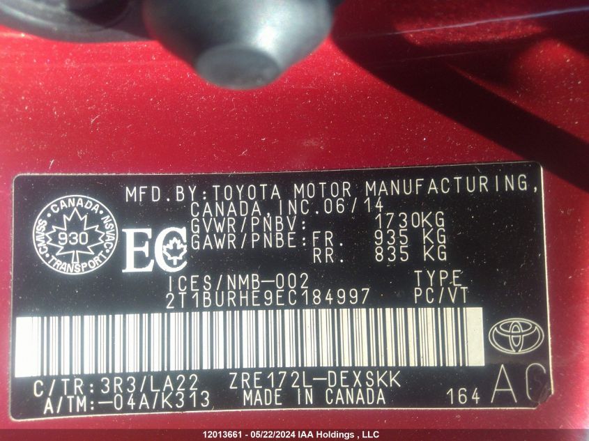 2014 Toyota Corolla Le VIN: 2T1BURHE9EC184997 Lot: 12013661