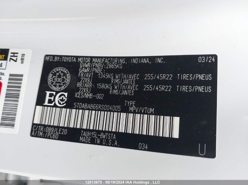 2024 Lexus Tx 500H VIN: 5TDABAB66RS004005 Lot: 12013670