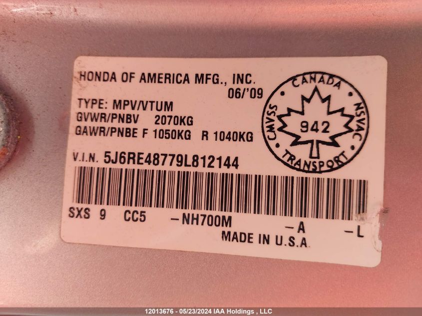 2009 Honda Cr-V VIN: 5J6RE48779L812144 Lot: 12013676