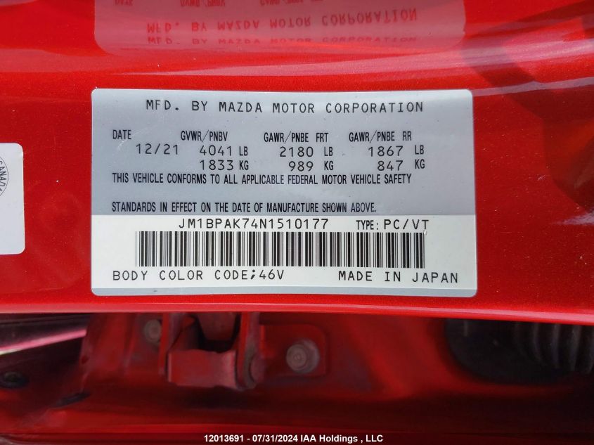 2022 Mazda Mazda3 VIN: JM1BPAK74N1510177 Lot: 12013691