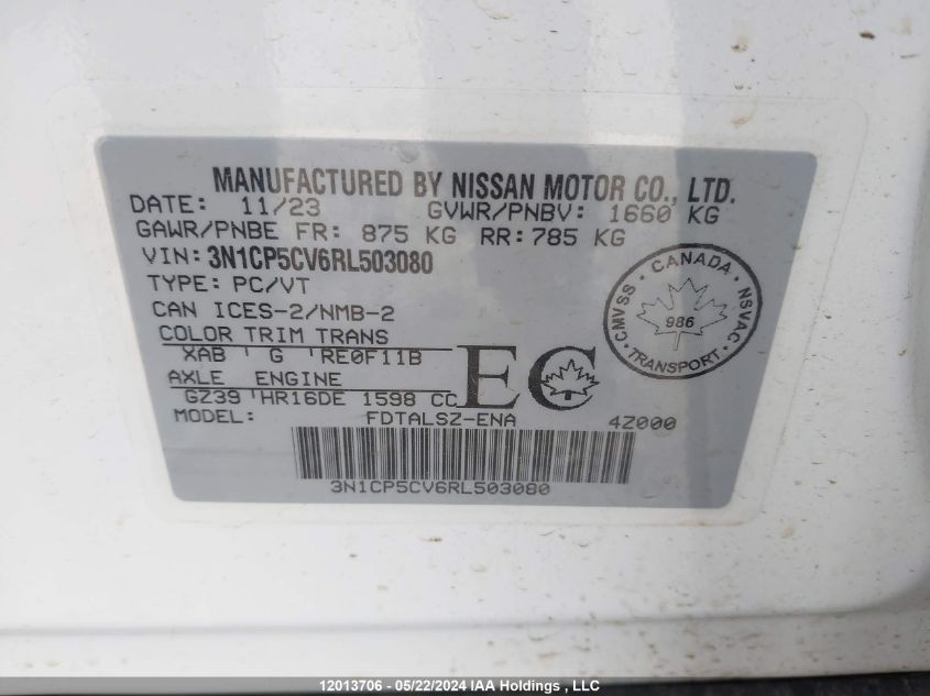 2024 Nissan Kicks VIN: 3N1CP5CV6RL503080 Lot: 12013706