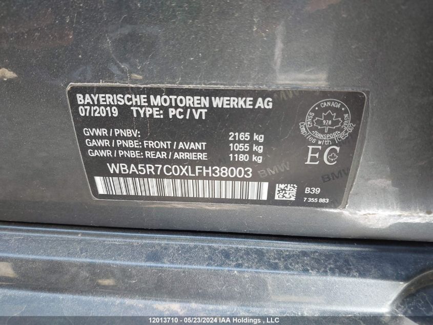 2020 BMW 330Xi VIN: WBA5R7C0XLFH38003 Lot: 12013710