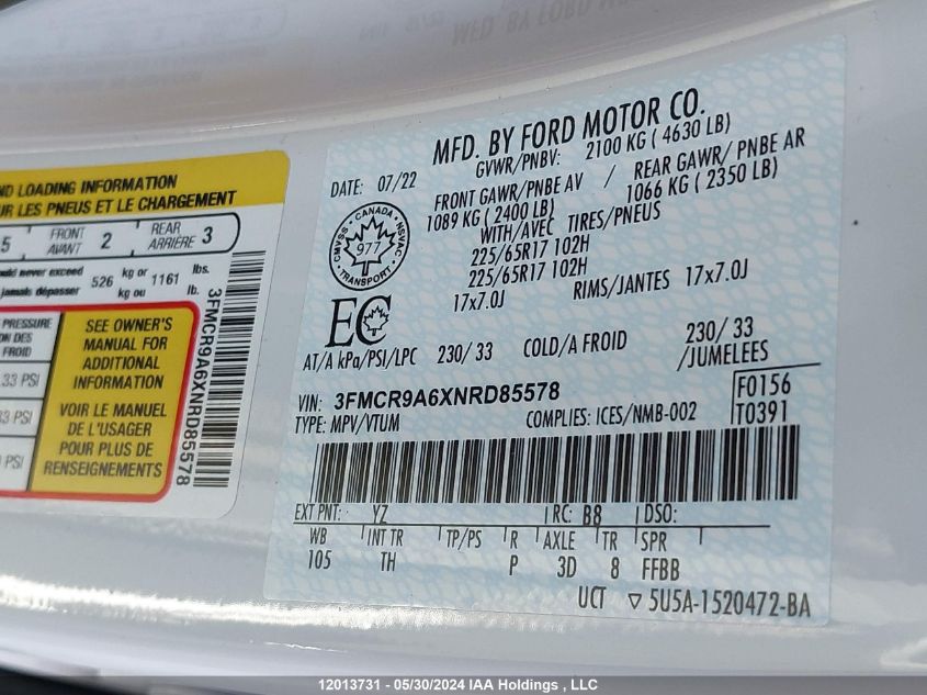 2022 Ford Bronco Sport VIN: 3FMCR9A6XNRD85578 Lot: 12013731