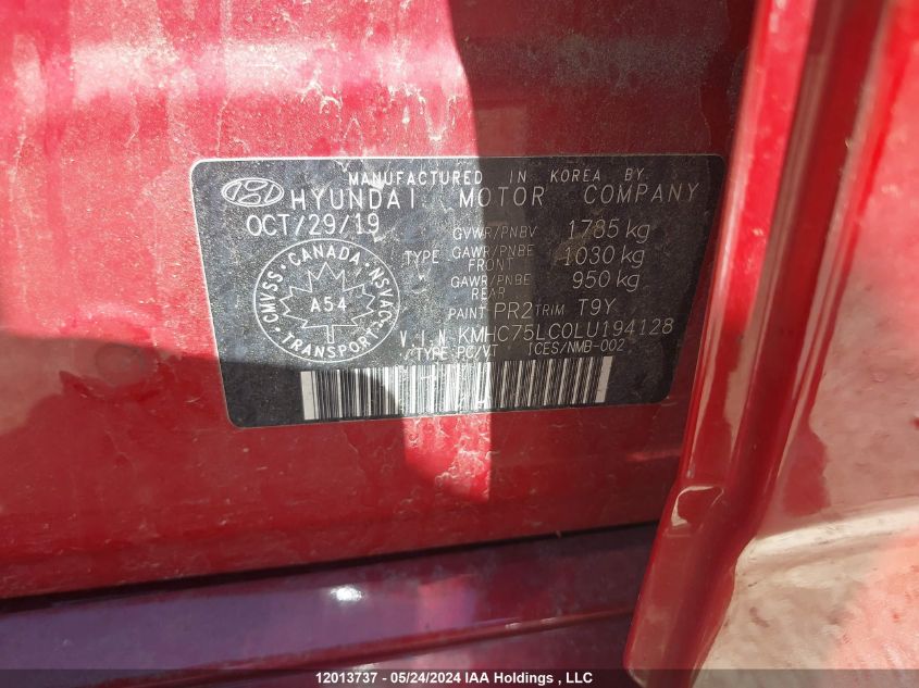 2020 Hyundai Ioniq Hybrid Essential VIN: KMHC75LC0LU194128 Lot: 12013737
