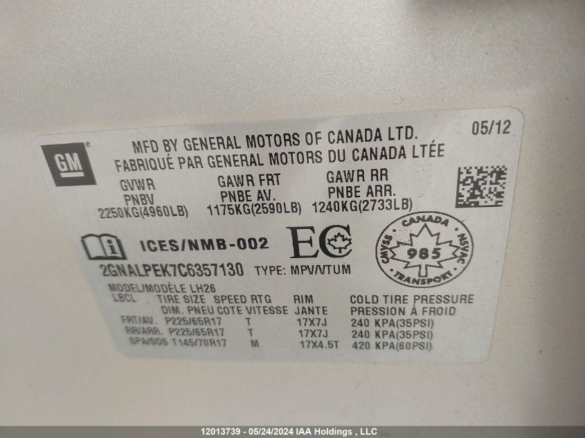 2012 Chevrolet Equinox VIN: 2GNALPEK7C6357130 Lot: 12013739