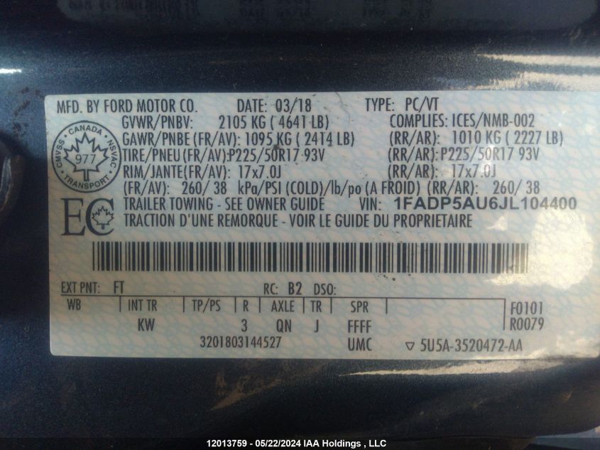 2018 Ford C-Max Se VIN: 1FADP5AU6JL104400 Lot: 12013759