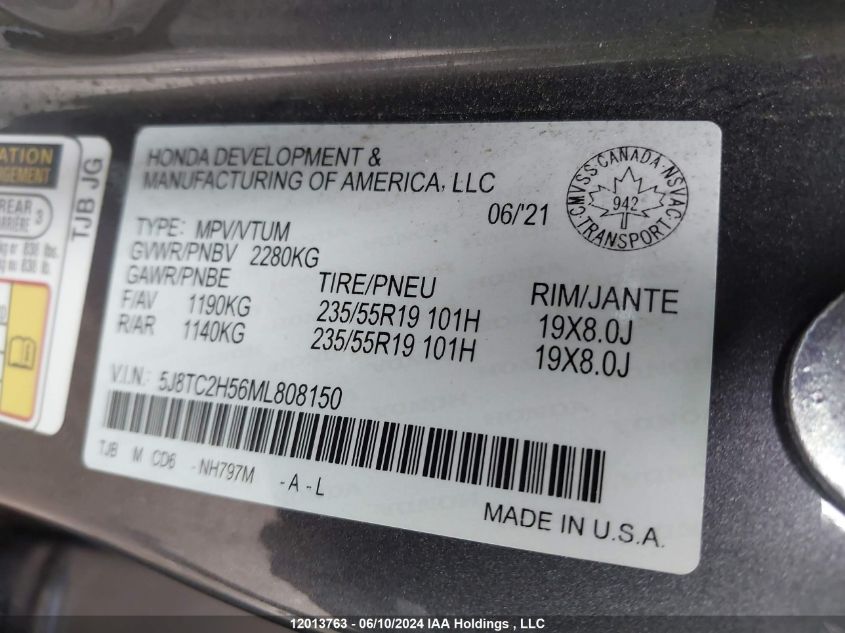 2021 Acura Rdx Technology VIN: 5J8TC2H56ML808150 Lot: 12013763