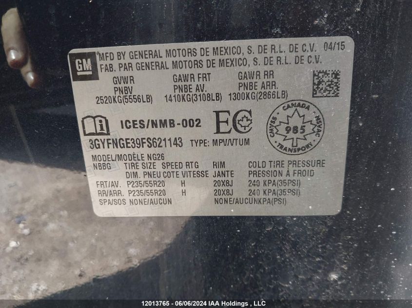 2015 Cadillac Srx VIN: 3GYFNGE39FS621143 Lot: 12013765