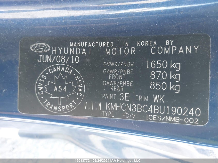 2011 Hyundai Accent L VIN: KMHCN3BC4BU190240 Lot: 12013772