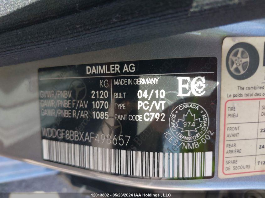 2010 Mercedes-Benz C-Class VIN: WDDGF8BBXAF498657 Lot: 12013802