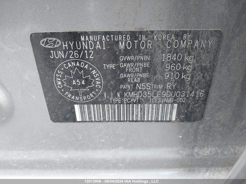 2013 Hyundai Elantra Gt Se VIN: KMHD35LE9DU031416 Lot: 12013806