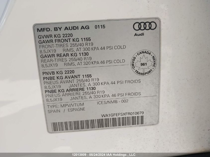 2015 Audi Q3 VIN: WA1GFEFSXFR010679 Lot: 12013809