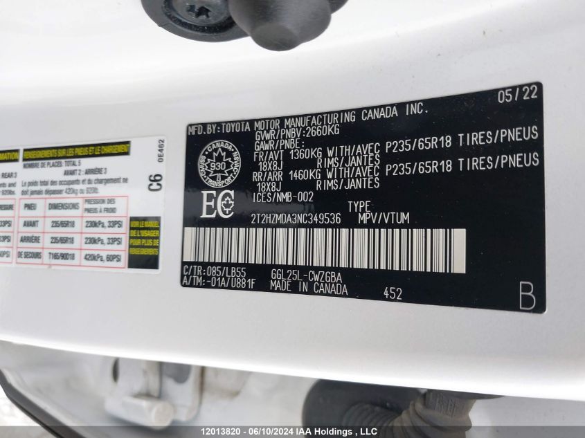 2022 Lexus Rx 350 VIN: 2T2HZMDA3NC349536 Lot: 12013820