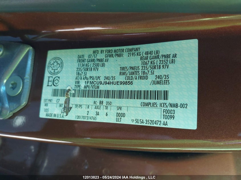 2017 Ford Escape Titanium VIN: 1FMCU9J94HUE99856 Lot: 12013823